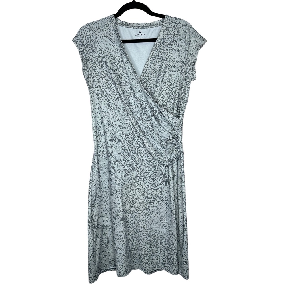Athleta Nectar Dress Grey Short Sleeve Faux Wrap‎ Ruching Short Size S Casual